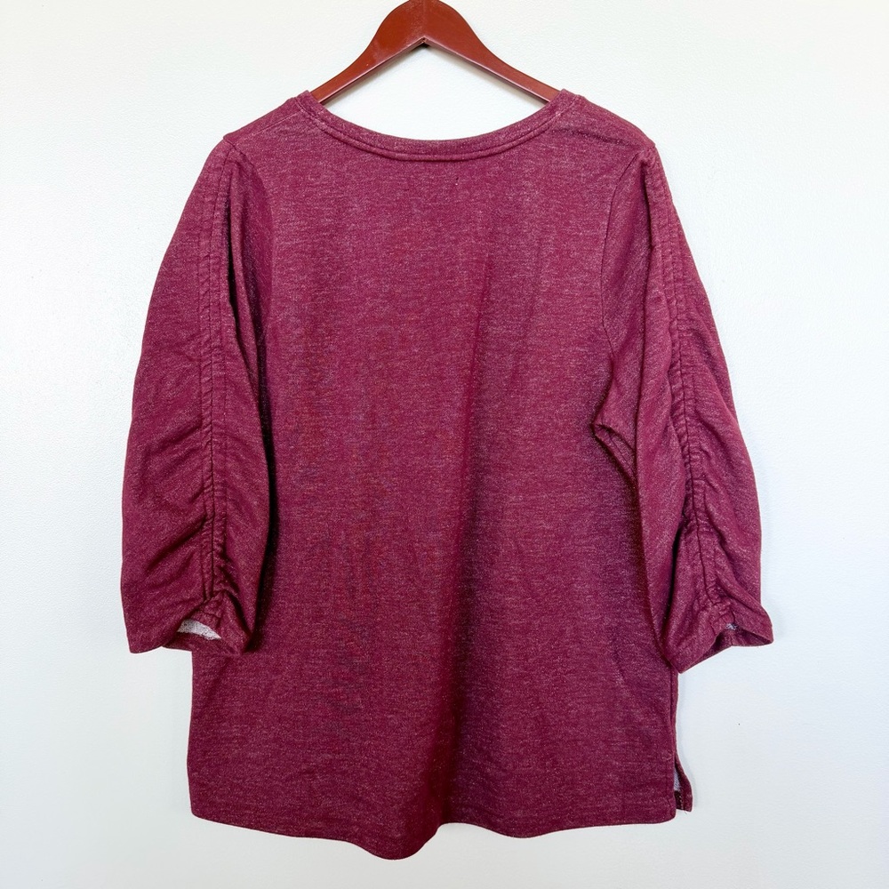 Lane Bryant Shimmer Maroon French Terry Ruched Sleeve Top Plus 18/20 - Picture 2 of 7